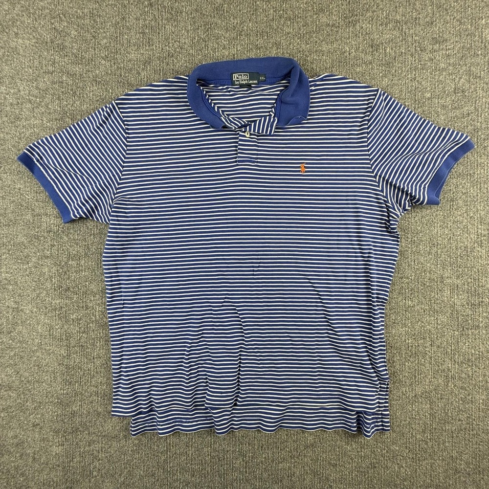 VTG Polo Ralph Lauren Polo Shirt Mens 2XL Blue Striped Cotton Knit Logo Casual